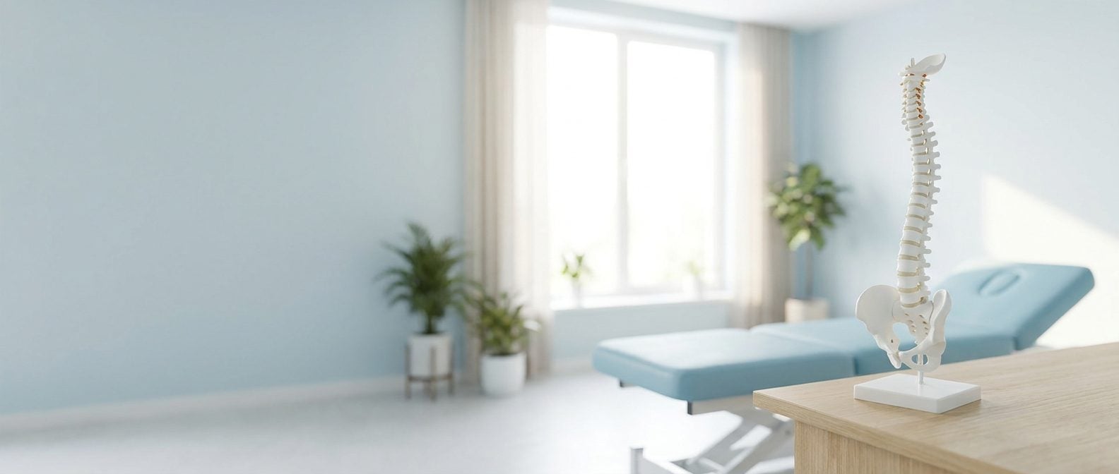 Bright chiropractic treatment room with a spine model and treatment table