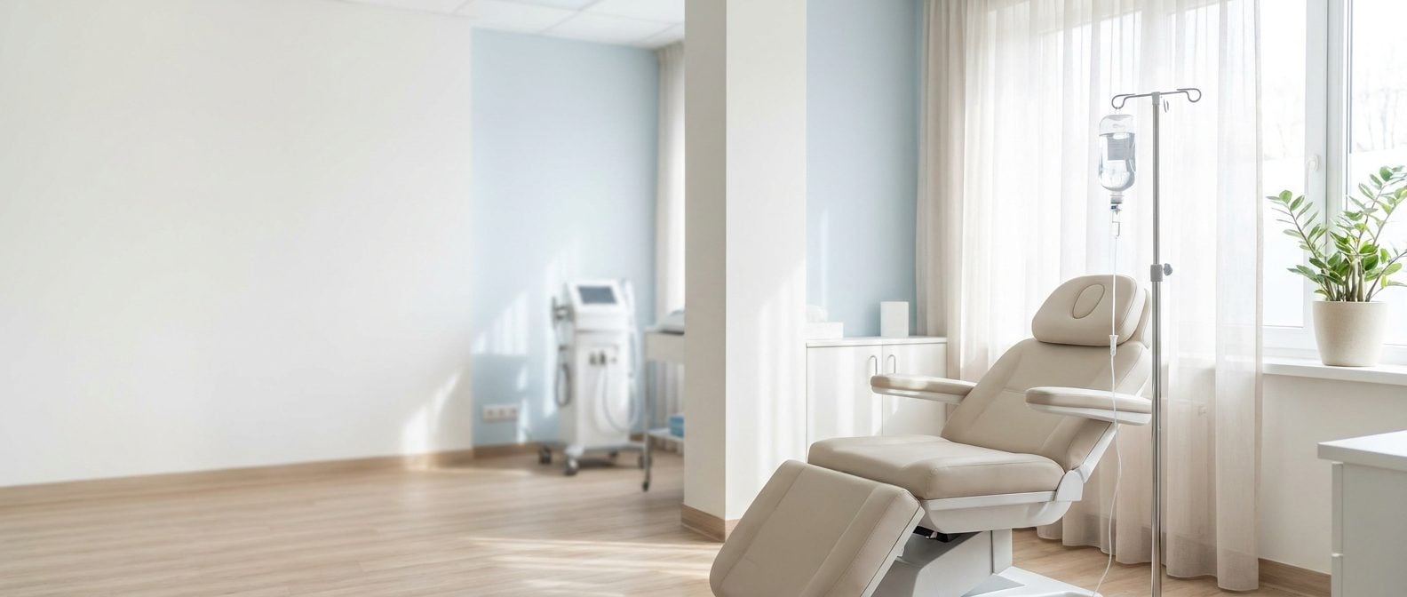 Calm treatment room with an IV therapy chair and drip stand