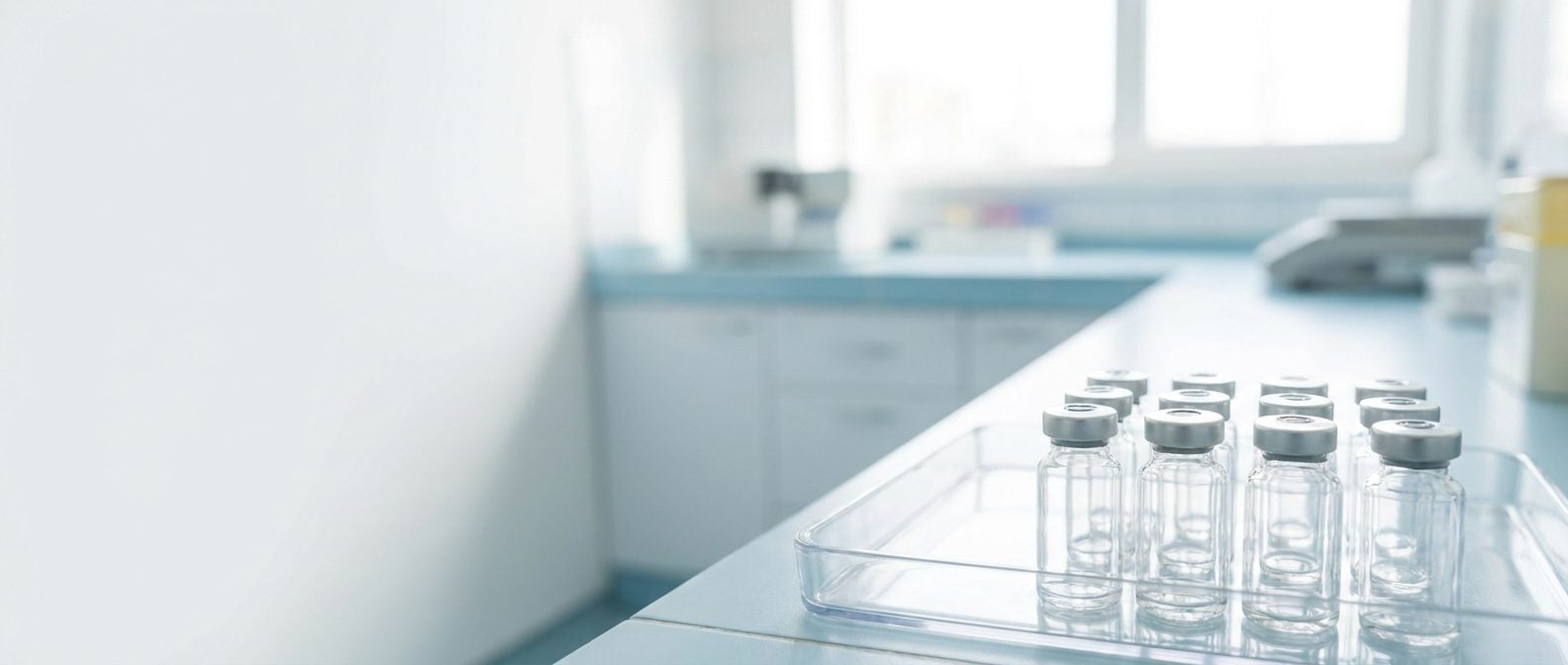 Sterile glass vials on a clean laboratory bench