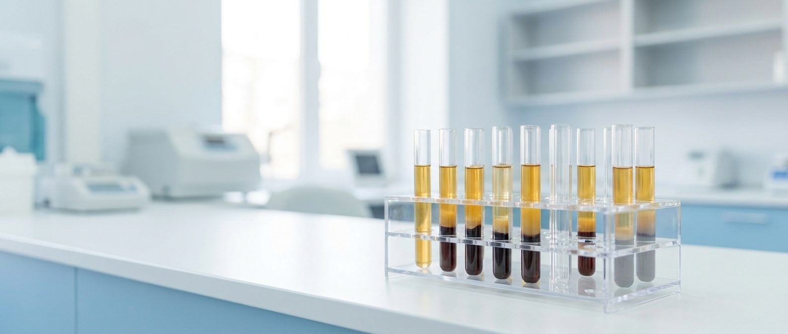 Test tubes of platelet-rich plasma in a rack on a clinic bench