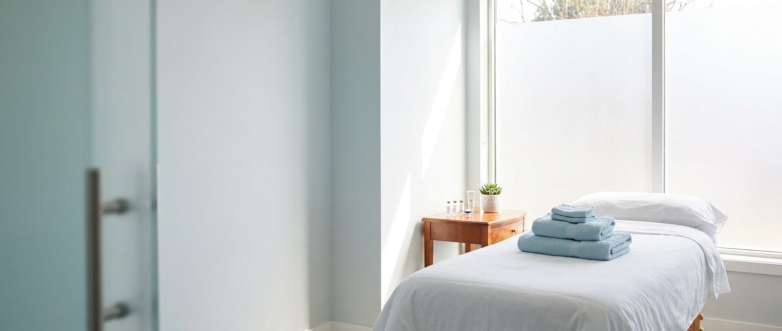 Serene treatment room with a clean bed and folded towels